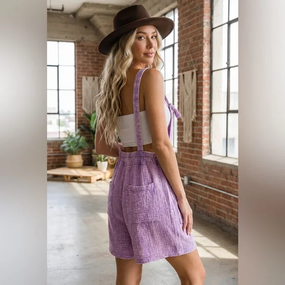 NWT Textured Gauze Washed Lavender Knot Strap Jumper Overalls Shortalls Romper - Picture 6 of 7